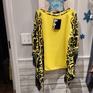 NWT Folia Yellow, Green & Black Sheer Blouse Sz M